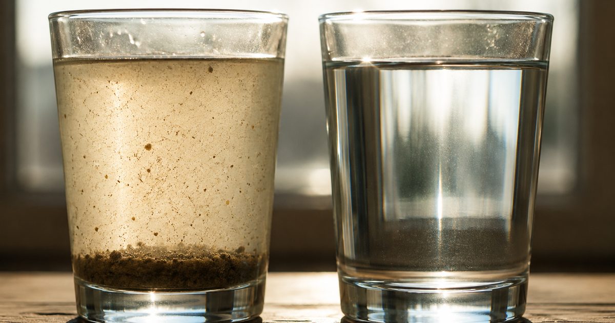 Два стакана воды из скважины: мутная вода с песком и чистая прозрачная вода после прокачки